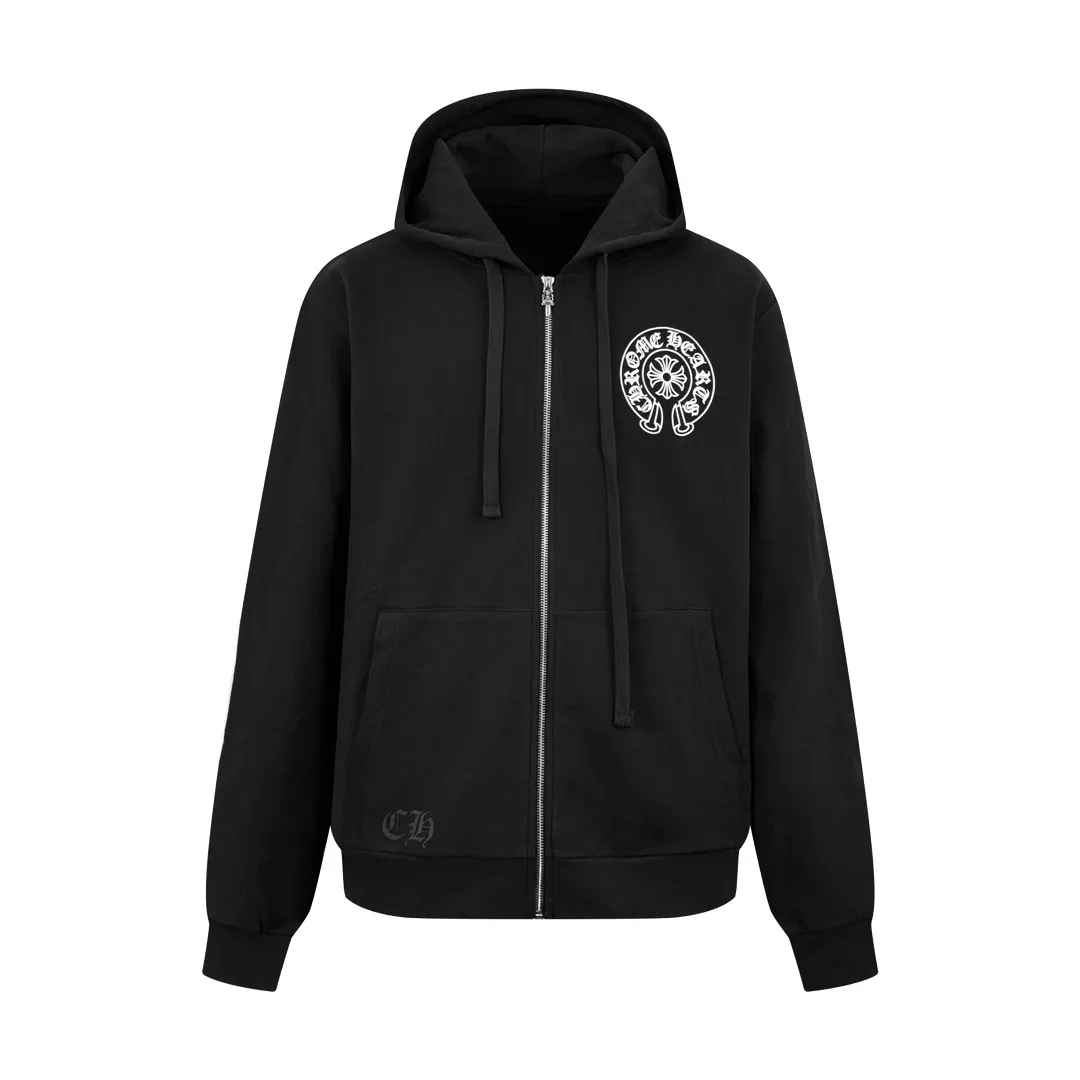 P450 Chrome Hearts letter-printed zipper jacket, custom-made plain suede cotton, delicate and smooth, comfortable and close to the skin, with deep black as the base, plain white lines with neat cracks, the front cross flower totem is precisely embellished on the chest, and the gray CH pattern is looming at the hem to control the visual focus. The scroll mantra is outlined on the back like an ancient seal. Ruggedness and refinement coexist. The zippered hooded silhouette deconstructs the lazy drape carrying suede. A rock oracle that whispers that I am the rule. A rebellious ceremony about wearing and performing. Process 1: Use glue printing. The printing is modified three times by the film screen. Use glue liquid paint to print the pattern on the fabric. Bake the fabric to fix the printing pattern. Process 2: The fabrics are washed and have a better hand feel. Not easy to deform. Not easy to shrink. Not easy to fade. Maintain long-term beauty. Accessories: Customized 1:1 CH zipper. Customized 1:1 CH trademark. Pattern: Loose fit Size: S M L XL
